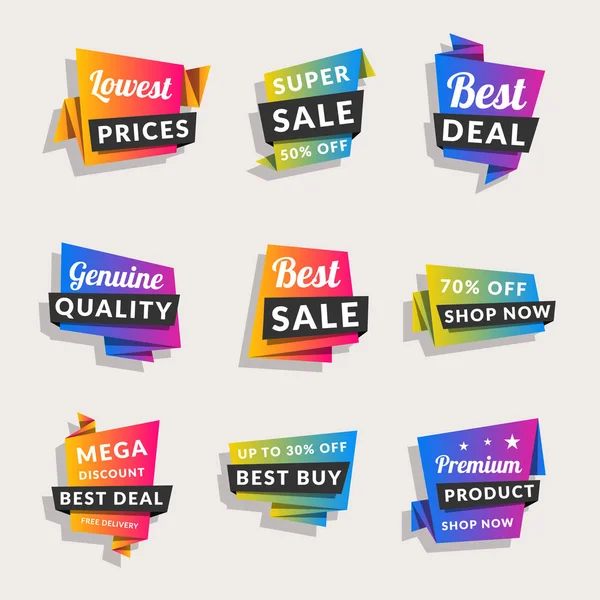 Conjunto de banners de venta. Etiquetas de compras. Descuento y etiquetas engomadas en origami de colores promocionales. Ilustración vectorial . — Vector de stock