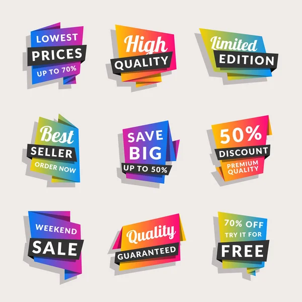 Set van verkoop banners. Winkelen tags. Korting en promotionele kleurrijke origami stickers. Vectorillustratie. — Stockvector