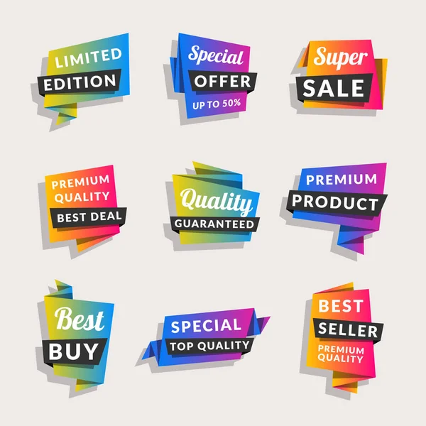 Conjunto de banners de venta. Etiquetas de compras. Descuento y etiquetas engomadas en origami de colores promocionales. Ilustración vectorial . — Vector de stock