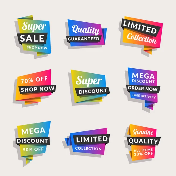 Set of sale banners. Shopping tags. Discount and promotional colorful origami stickers. Vector illustration. — Stock Vector