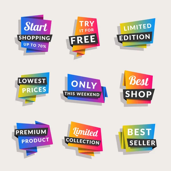 Set di striscioni di vendita. Tag della spesa. Adesivi origami colorati sconto e promozionali. Illustrazione vettoriale . — Vettoriale Stock