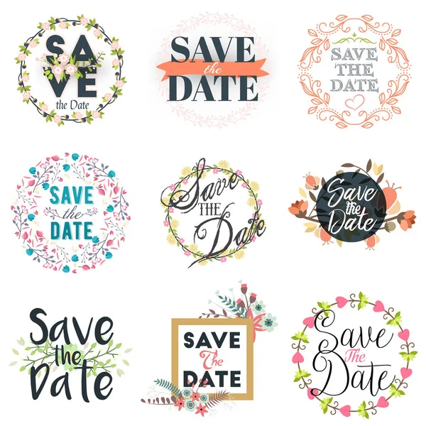 Save the date. Vector design floral elements for wedding invitations. Set of badges and labels — Stock Vector