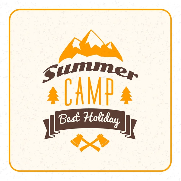 Letní dovolenou v camping plakát. Horské dobrodružství a outdoorové aktivity popisek. Vektorové ilustrace s žluté a hnědé barvy na podklad s texturou — Stockový vektor