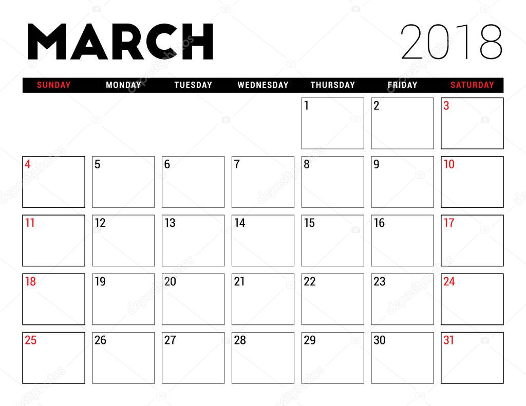 Printable calendar for March 2018. Planner design template. Week starts on Sunday. Stationery design
