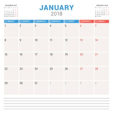 Ocak 2018. Takvim planlayıcısı vektör tasarım şablonu. Hafta Pazartesi günü başlar. İleti örneği tasarım