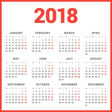 Beyaz arka plan üzerinde 2018 yıl için takvim. Hafta başlıyor Pazartesi. Basit vektör şablonu. İleti örneği tasarım şablonu