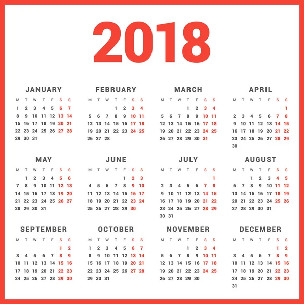 Kalendarz na rok 2018 na białym tle. Tydzień zaczyna się od poniedziałku. Wektor prostego szablonu. Papeterie szablon projektu — Wektor stockowy