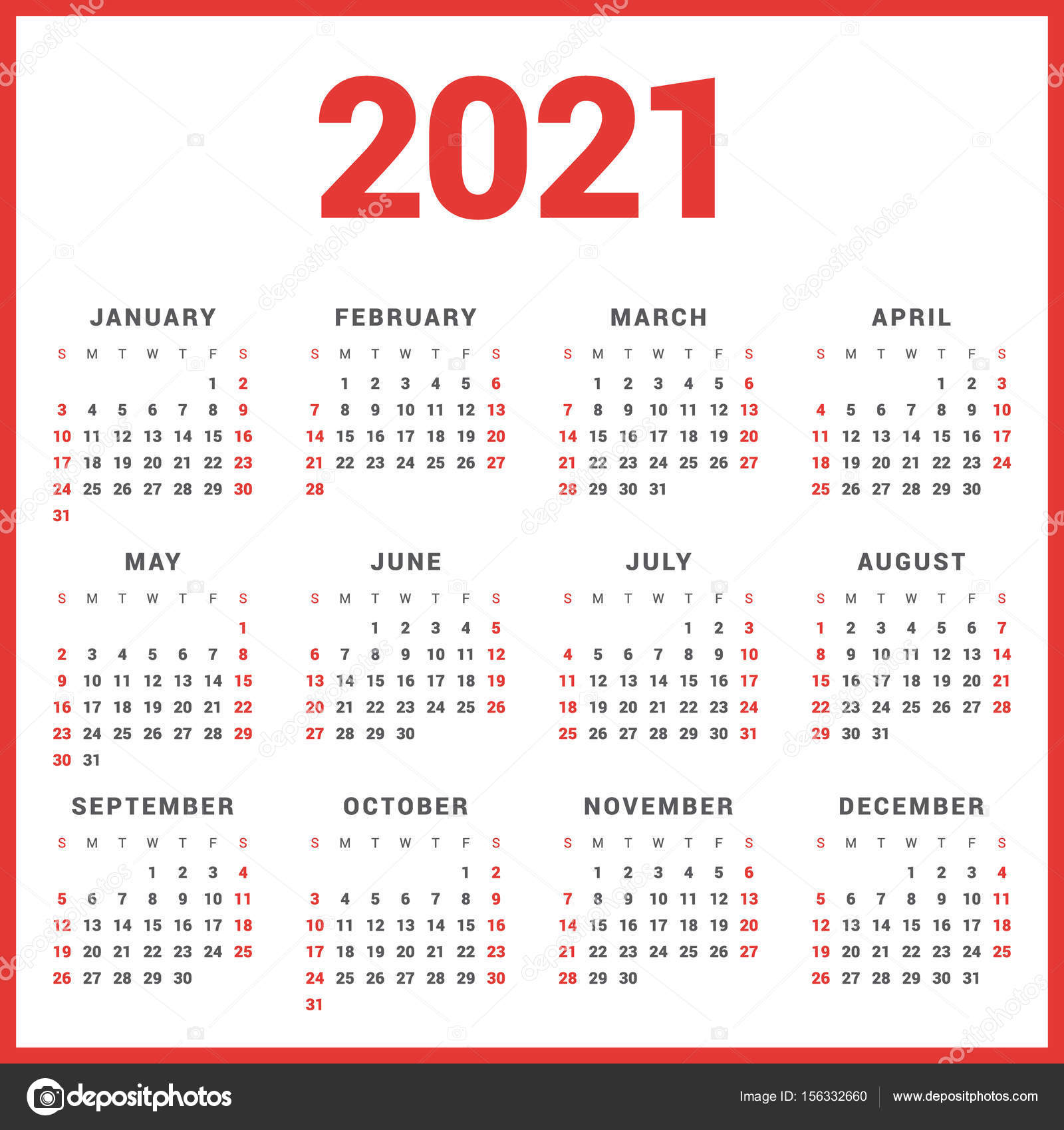 Calendar for 2021 Year on White Background. Week Starts Sunday. Simple