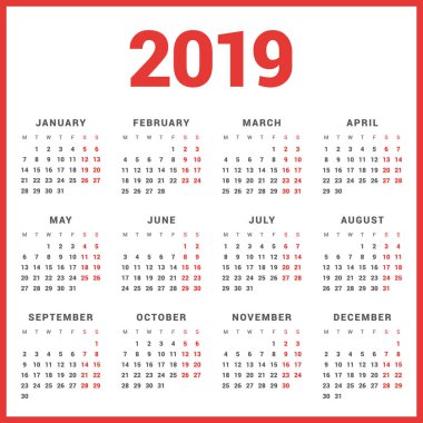 Beyaz arka plan üzerinde 2019 yıl için takvim. Hafta başlıyor Pazartesi. Basit vektör şablonu. İleti örneği tasarım şablonu