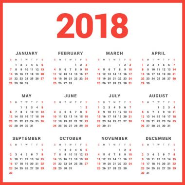 Beyaz arka plan üzerinde 2018 yıl için takvim. Hafta başlar Pazar. Basit vektör şablonu. İleti örneği tasarım şablonu