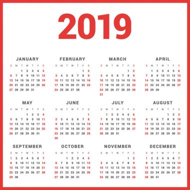 Beyaz arka plan üzerinde 2019 yıl için takvim. Hafta başlar Pazar. Basit vektör şablonu. İleti örneği tasarım şablonu