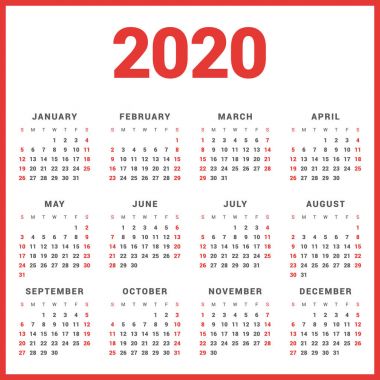 Beyaz arka plan üzerinde 2020 yılı için takvim. Hafta başlar Pazar. Basit vektör şablonu. İleti örneği tasarım şablonu