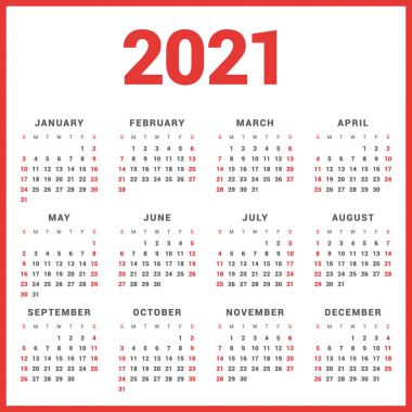 Beyaz arka plan üzerinde 2021 yıl için takvim. Hafta başlar Pazar. Basit vektör şablonu. İleti örneği tasarım şablonu