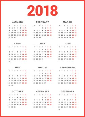 Beyaz arka plan üzerinde 2018 yıl için takvim. Hafta başlıyor Pazartesi. Basit vektör şablonu. İleti örneği tasarım şablonu