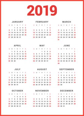 Beyaz arka plan üzerinde 2019 yıl için takvim. Hafta başlar Pazar. Basit vektör şablonu. İleti örneği tasarım şablonu