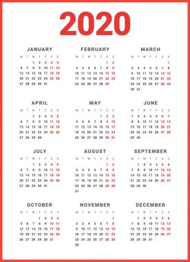 Beyaz arka plan üzerinde 2020 yılı için takvim. Hafta başlıyor Pazartesi. Basit vektör şablonu. İleti örneği tasarım şablonu