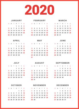 Beyaz arka plan üzerinde 2020 yılı için takvim. Hafta başlar Pazar. Basit vektör şablonu. İleti örneği tasarım şablonu
