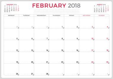 Şubat 2018. Takvim planlayıcısı tasarım şablonu. Hafta Pazartesi günü başlar. İleti örneği tasarım