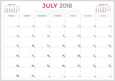 Temmuz 2018. Takvim planlayıcısı tasarım şablonu. Hafta Pazartesi günü başlar. İleti örneği tasarım