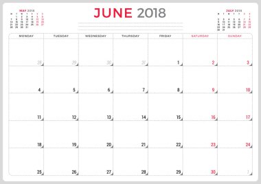 Haziran 2018. Takvim planlayıcısı tasarım şablonu. Hafta Pazartesi günü başlar. İleti örneği tasarım