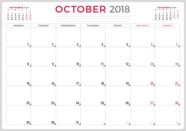 Ekim 2018. Takvim planlayıcısı tasarım şablonu. Hafta Pazartesi günü başlar. İleti örneği tasarım
