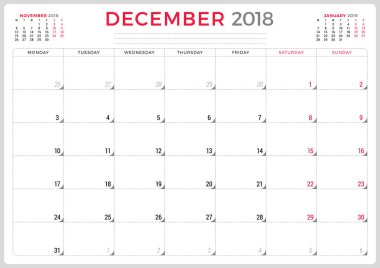 Aralık 2018. Takvim planlayıcısı tasarım şablonu. Hafta Pazartesi günü başlar. İleti örneği tasarım