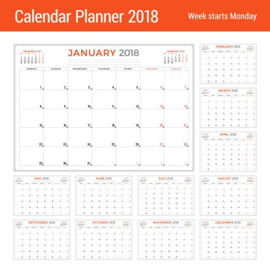 2018 yıl için takvim planlayıcısı. Vektör tasarım şablonu. Hafta Pazartesi günü başlar. İleti örneği tasarımı. 12 ay kümesi