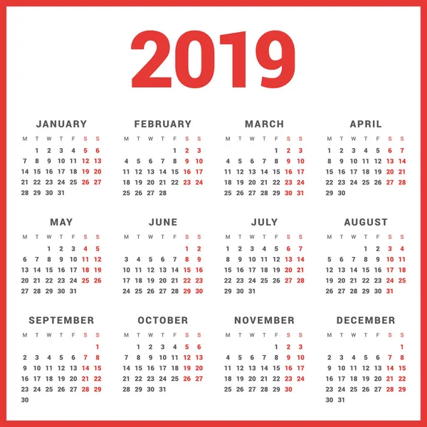 Kalendář na rok 2019 na bílém pozadí. Začátek týdne pondělí. Jednoduchý vektor šablona. Šablona návrhu šablony — Stockový vektor