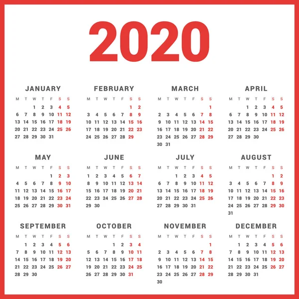 Beyaz arka plan üzerinde 2020 yılı için takvim. Hafta başlıyor Pazartesi. Basit vektör şablonu. İleti örneği tasarım şablonu