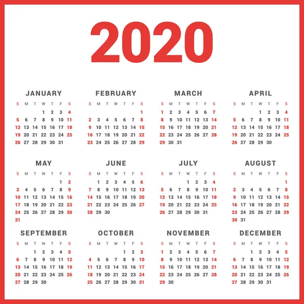 Calendario para 2020 Año sobre fondo blanco. La semana empieza el domingo. Plantilla de vector simple. Plantilla de diseño de papelería — Vector de stock