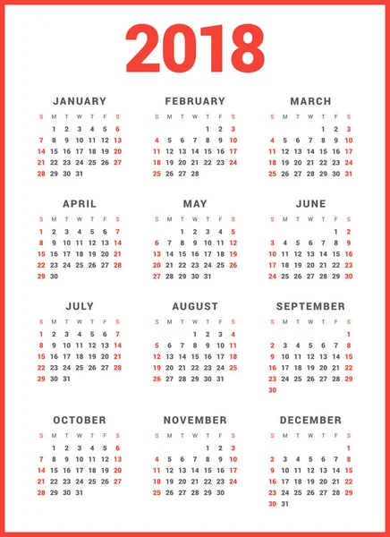 Kalendář na rok 2018 na bílém pozadí. Začátek týdne neděle. Jednoduchý vektor šablona. Šablona návrhu šablony — Stockový vektor