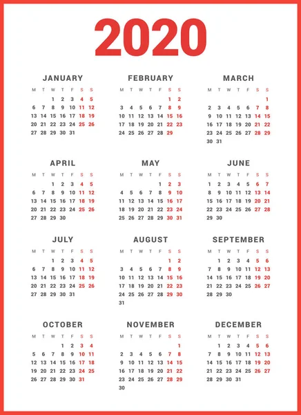 Calendario para 2020 Año sobre fondo blanco. La semana empieza el lunes. Plantilla de vector simple. Plantilla de diseño de papelería — Vector de stock