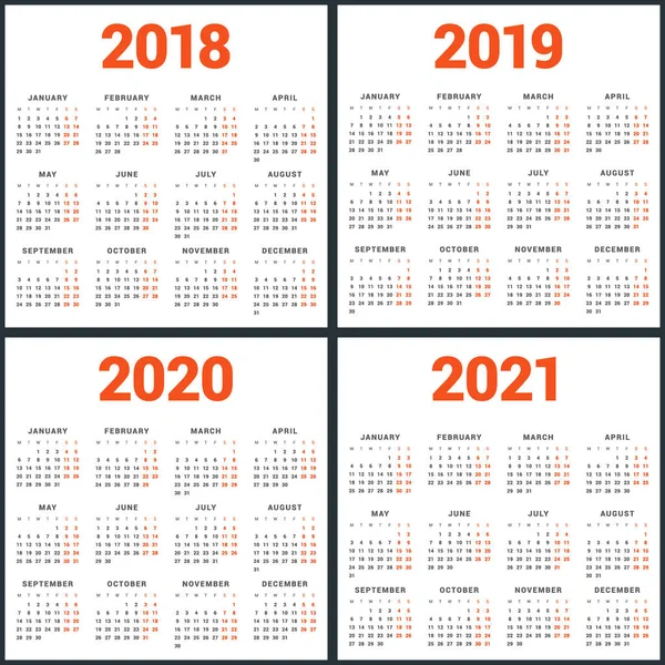 Set of calendars for 2018, 2019, 2020, 2021 years. Week Starts Monday. Simple Vector Template. Stationery Design Template — Stock Vector