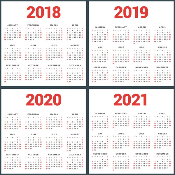 Takvimler için 2018, 2019, 2020, 2021 yıl kümesi. Hafta başlar Pazar. Basit vektör şablonu. İleti örneği tasarım şablonu