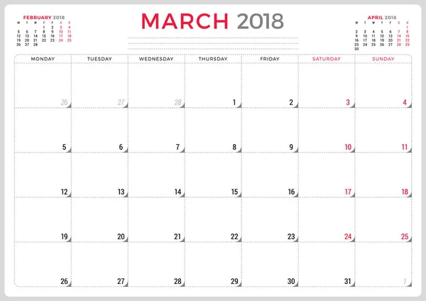 Mars 2018. Kalendermall planerare design. Veckan börjar på måndag. Pappersvaror design — Stock vektor