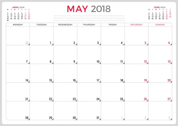 Maj 2018. Kalendermall planerare design. Veckan börjar på måndag. Pappersvaror design — Stock vektor