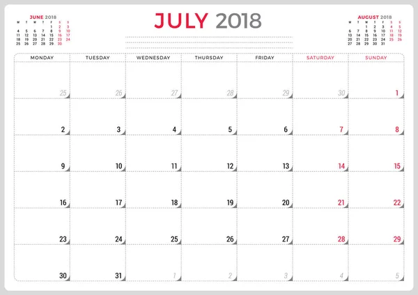 Juillet 2018. Calendrier planificateur modèle de conception. La semaine commence lundi. Conception de papeterie — Image vectorielle