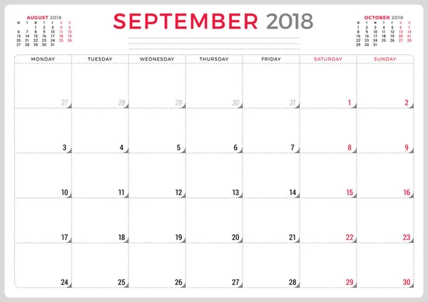 Września 2018 r. Szablon projektu planner kalendarz. Tydzień rozpoczyna się w poniedziałek. Projektowanie papeterii — Wektor stockowy