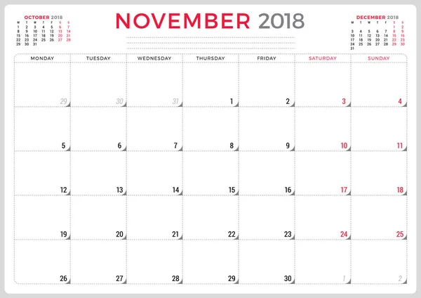 Novembre 2018. Calendrier planificateur modèle de conception. La semaine commence lundi. Conception de papeterie — Image vectorielle