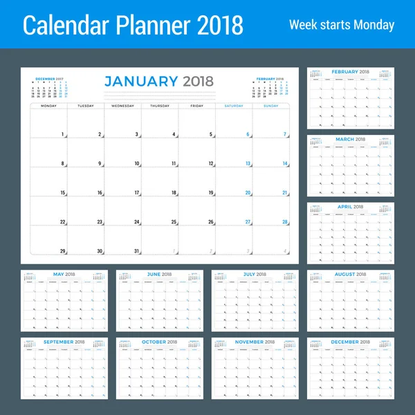 Planner kalendarz do 2018 roku. Wektor szablon projektu. Tydzień rozpoczyna się w poniedziałek. Projektowanie papeterii. Zestaw 12 miesięcy — Wektor stockowy