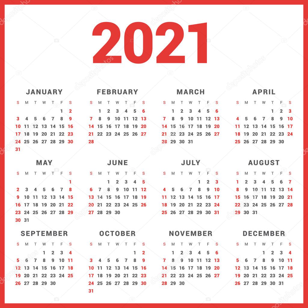 Calendario Para 2021 Año Sobre Fondo Blanco La Semana Empieza El Domingo Plantilla De Vector 