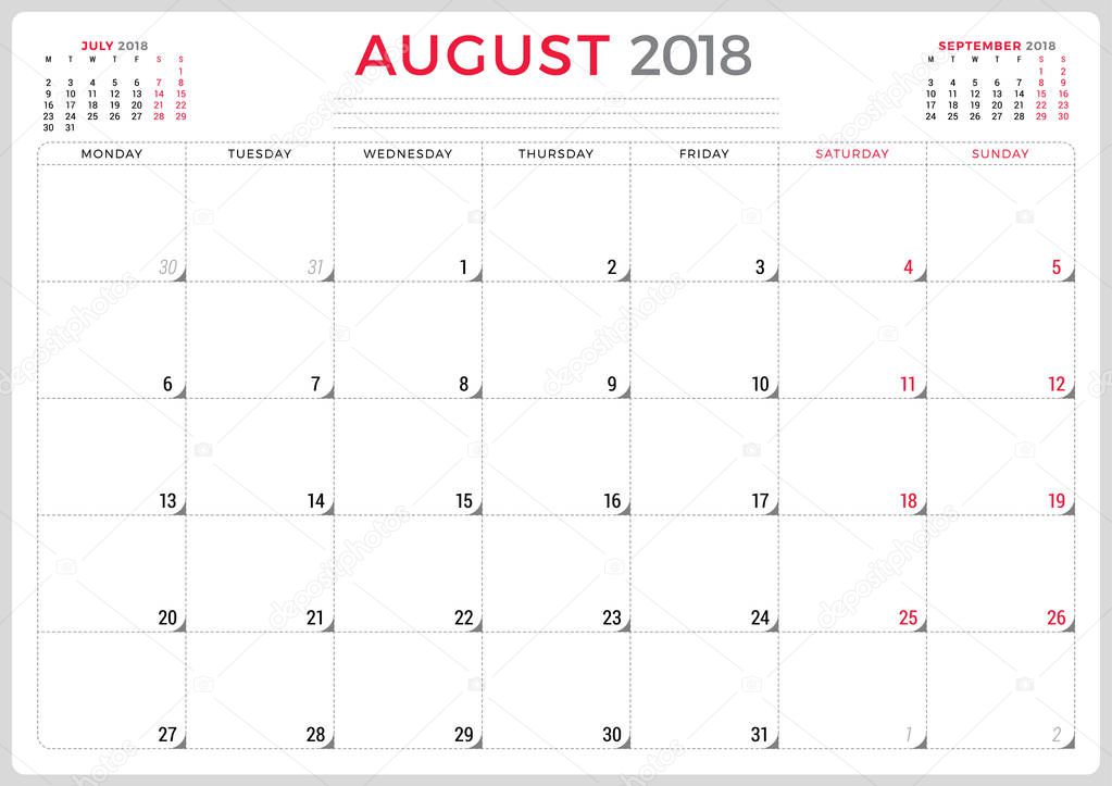 August 2018. Calendar planner design template. Week starts on Monday. Stationery design