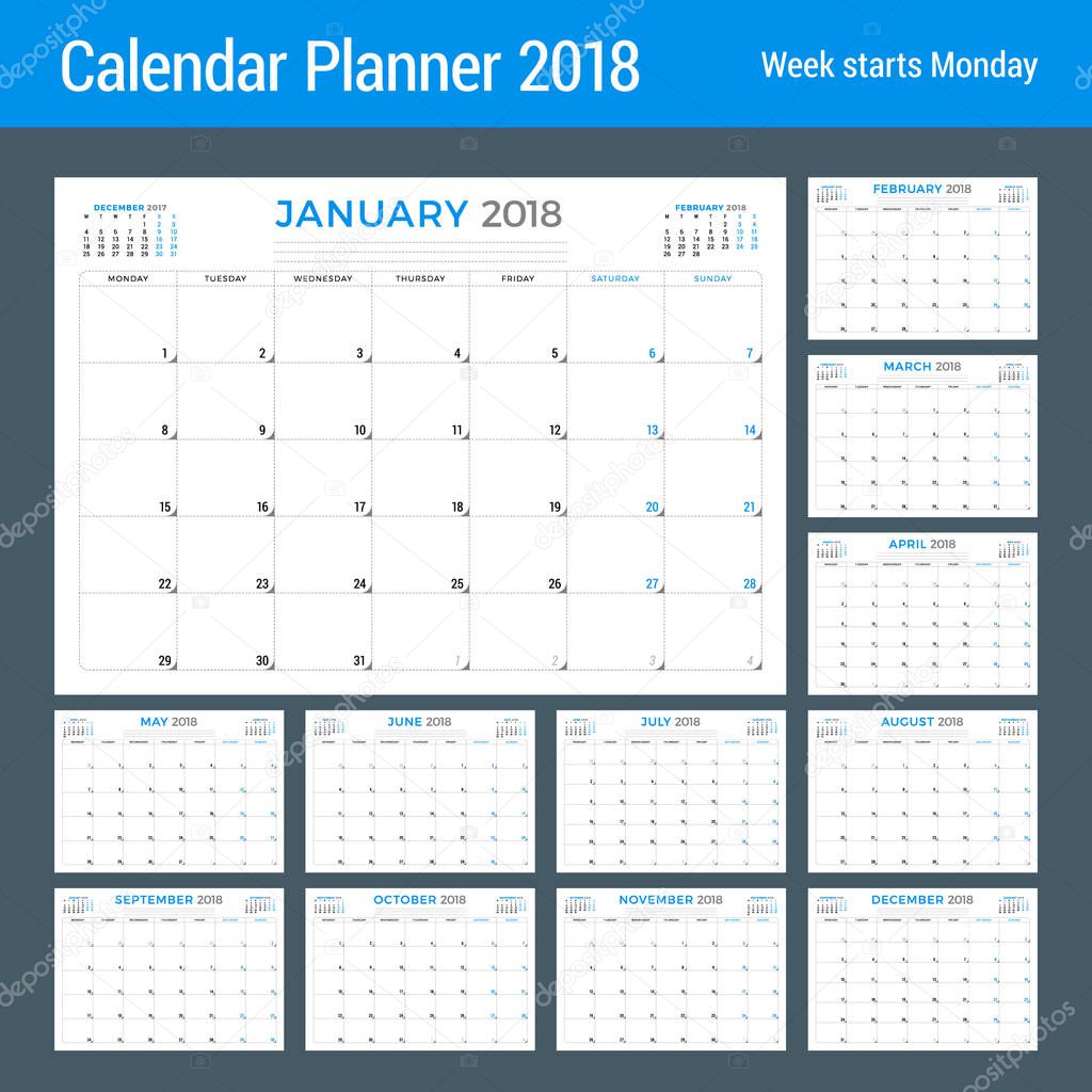 Calendar planner for 2018 year. Vector design template. Week starts on Monday. Stationery design. Set of 12 months