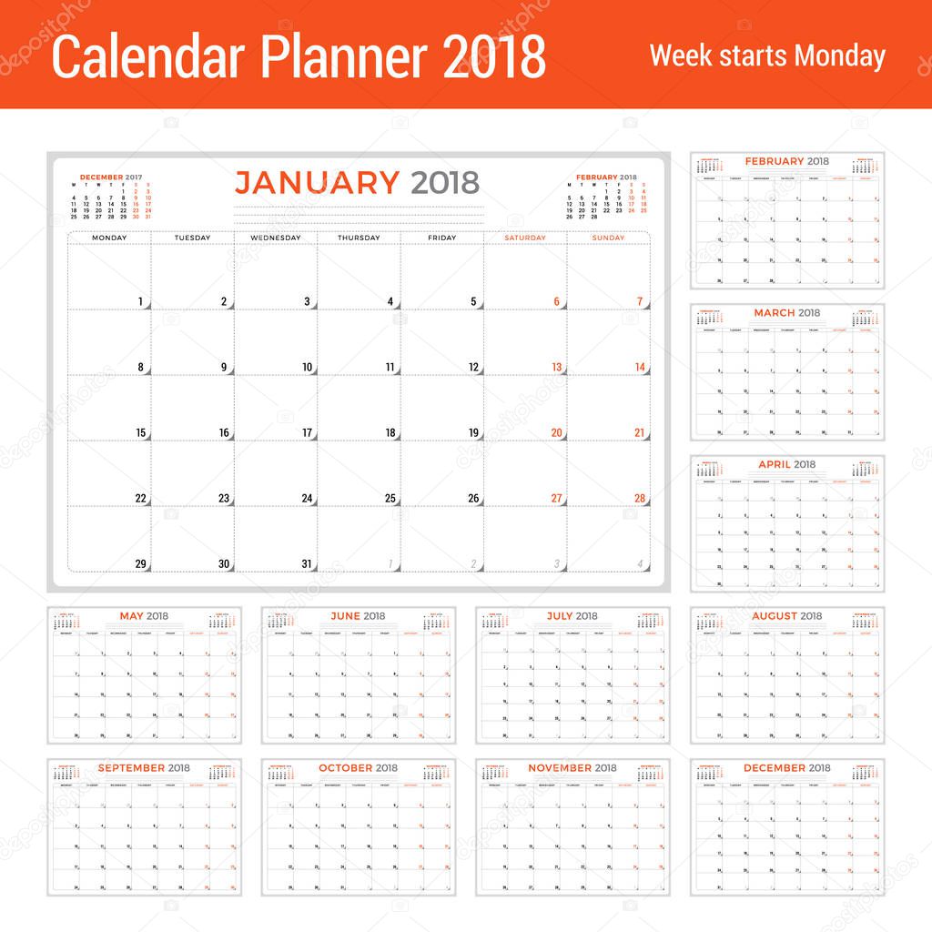 Calendar planner for 2018 year. Vector design template. Week starts on Monday. Stationery design. Set of 12 months