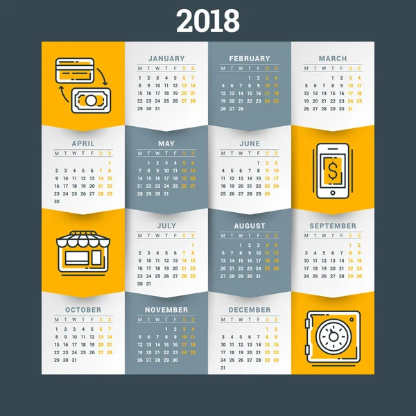 2018 年的日历。矢量设计模板。周从星期一开始。平面样式颜色矢量图和技术图标 — 图库矢量图片