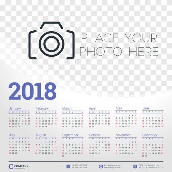 Ημερολόγιο για το έτος 2018. Διάνυσμα πρότυπο σχεδίασης. Εβδομάδα ξεκινά την Κυριακή. Εικονογράφηση διάνυσμα με θέση για φωτογραφία — Διανυσματικό Αρχείο