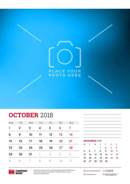 Шаблон планировщика календаря на 2018 год. Октябрь, ноябрь. Векторный дизайн печати шаблон с местом для фото. В понедельник начинается неделя — стоковый вектор
