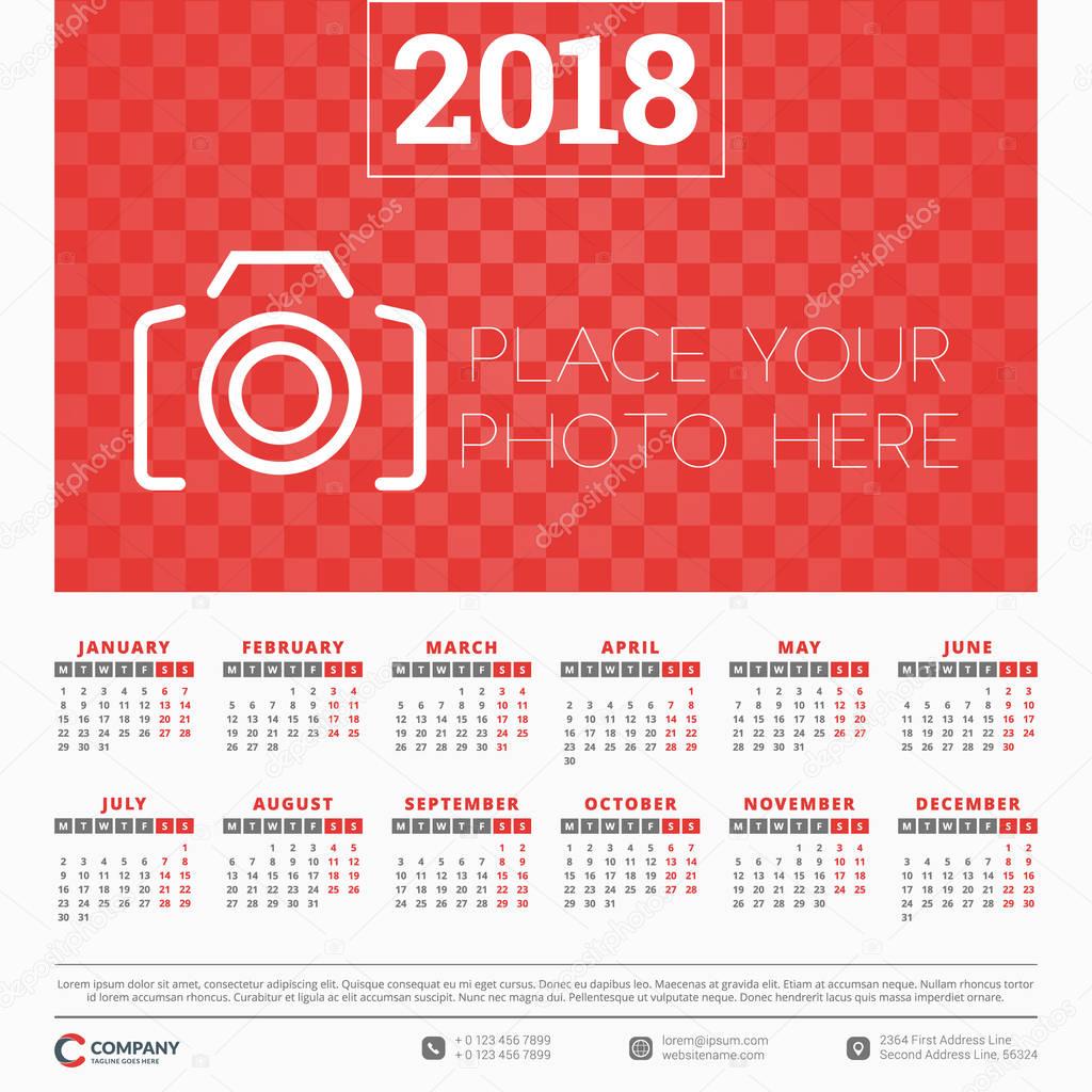 Calendar for 2018 year. Vector design template. Week starts on Monday. Vector illustration with place for photo