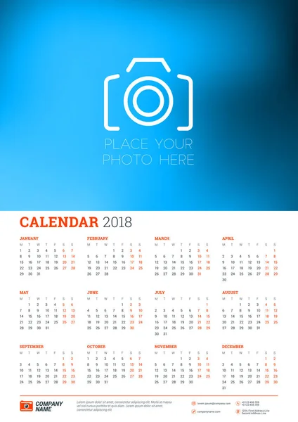 Calendrier vectoriel affiche A3 taille pour 2018 Année. La semaine commence lundi. Modèle de conception de papeterie avec place pour la photo — Image vectorielle