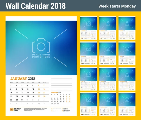 Wandkalender-Planer-Vorlage für das Jahr 2018. Satz von 12 Momenten. Vektor Design Druckvorlage mit Platz für Foto. Woche beginnt am Montag — Stockvektor